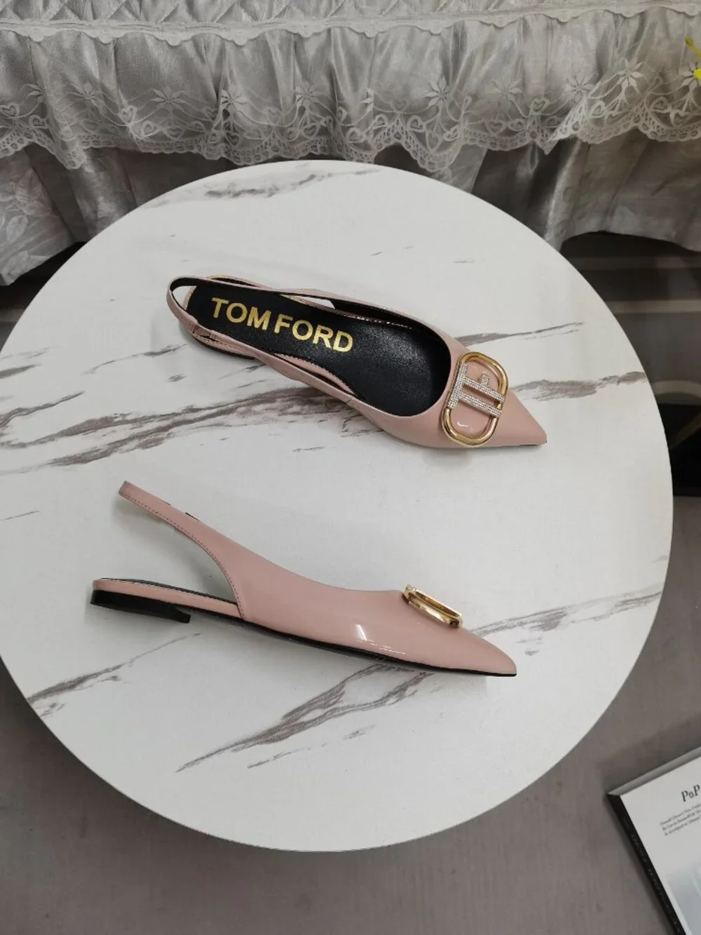 Tom Ford Nude Pink Rhinestone TF-Logo Pointed-Toe Flats